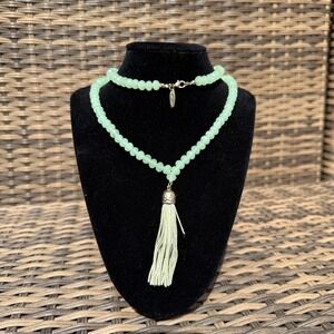 Avenue Mint Green Beaded Tassel Necklace Gold Tone Boho Statement 18"
